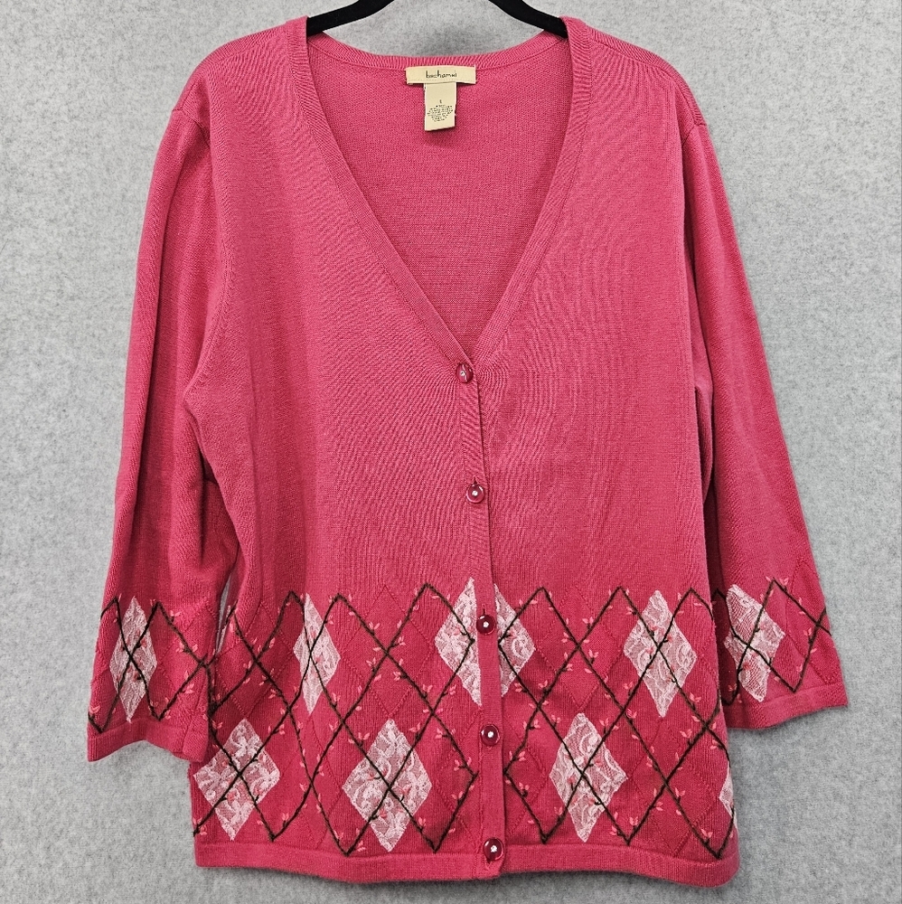 Bechamel Hot Pink Cardigan with Embroidered Flowers and Lace‎ Women's Lg